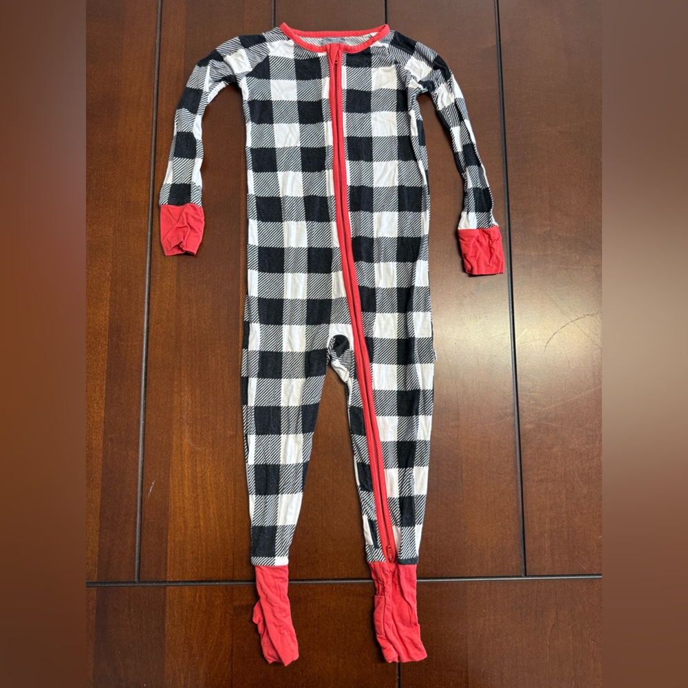 Little Sleepies Black and White Checkered Footie with Red Accents